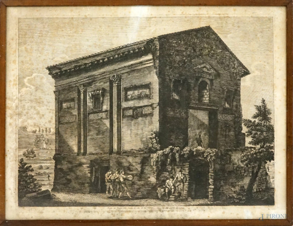 Veduta del tempio delle Camene, incisione, cm 50x66,5, Rossini dis. e inc., Roma 1823, entro cornice, (difetti)