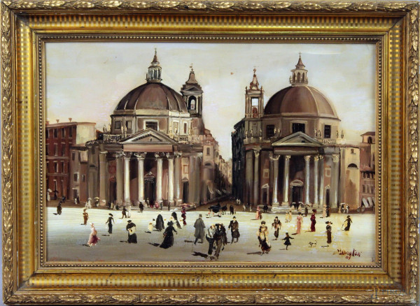 Enzo Muratori - Piazza del Popolo, olio su tavola, cm. 30x40, entro cornice.