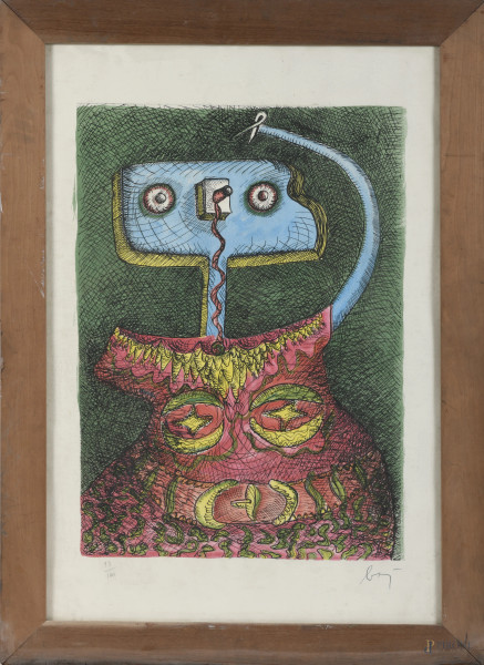 Enrico Baj (1924-2003), Senza Titolo, litografia a colori es 93/100, cm 68x46,firmato in basso a destra, tiratura in basso a sinistra, entro cornice, (foxing, bruniture, tracce di umidità)