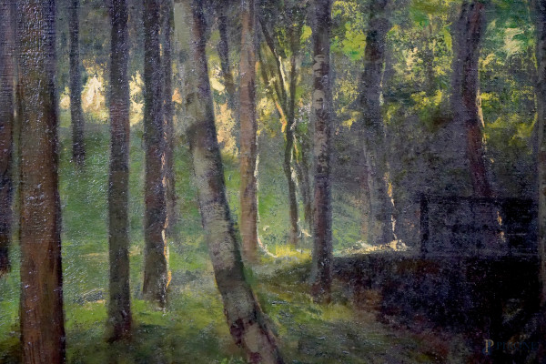 Attr. a Cesare Bertolotti (1854-1932), Bosco, olio su tela, cm 100x97,5, entro cornice