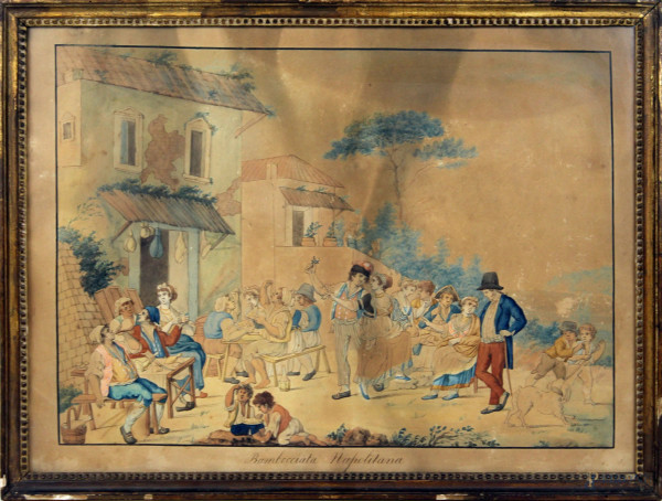 Bambocciata napoletana, tecnica mista su carta, cm 45x61, XIX secolo, entro cornice, (difetti sulla carta)