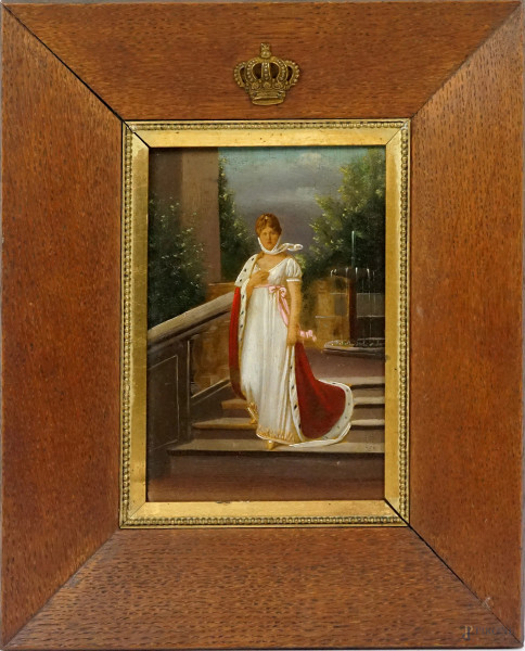 Ritratto di nobildonna francese, olio su tavola, cm 20x13, entro cornice.