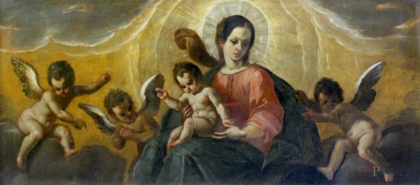 Madonna con bambinello e putti, olio su tela, XVIII sec., cm 65 x 142, entro cornice.