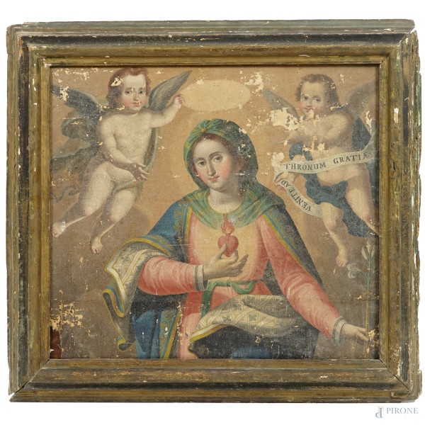 Scuola italiana della fine del XVIII secolo, Vergine del Sacro Cuore, olio su tela applicata su tavola, cm 55x61, entro cornice, (difetti alla tela, cadute di colore sparse)