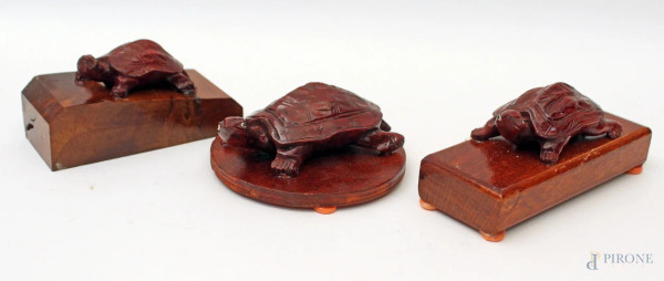 Lotto composto da tre sculture in legno a soggetto di tartarughe su basi, cm 5 x 12.