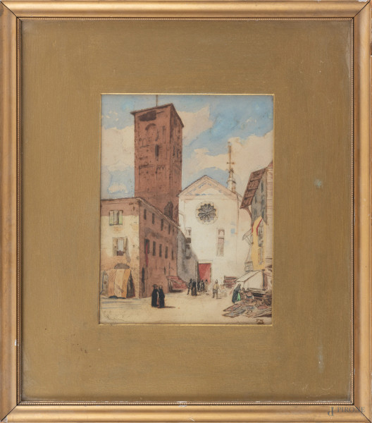 Esterno di chiesa, disegno a tecnica mista su carta, cm 27x20, siglato e datato 1868 in basso a destra, entro cornice, (segni di usura, tracce di umidità, ossidazione della carta)