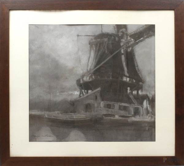 Paesaggio olandese con mulino, pastello su carta, cm 49x53, firmato e datato, entro cornice