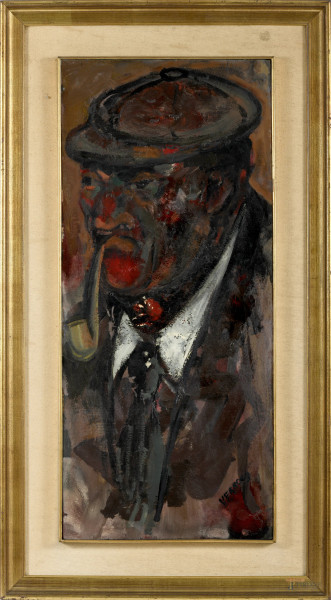 Franco Verroca (1927-1999) Uomo con pipa, olio su compensato, XX secolo, cm 83x36, entro cornice, firmato in basso a destra