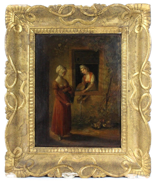 Pittore fiammingo del XIX secolo, La conversazione, olio su tela, cm. 34x27, entro cornice