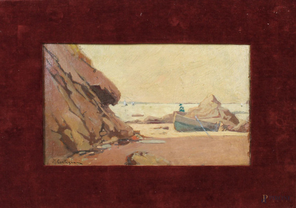 Scorcio di spiaggia, olio su cartoncino, cm. 23,32, firmato M. Cortegiani.