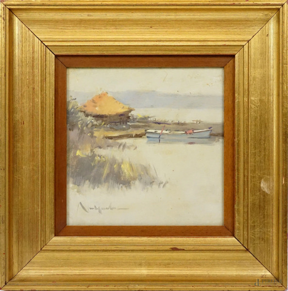 Nicola Sponza - Paesaggio lagunare, olio su tavola, cm 20x20, entro cornice