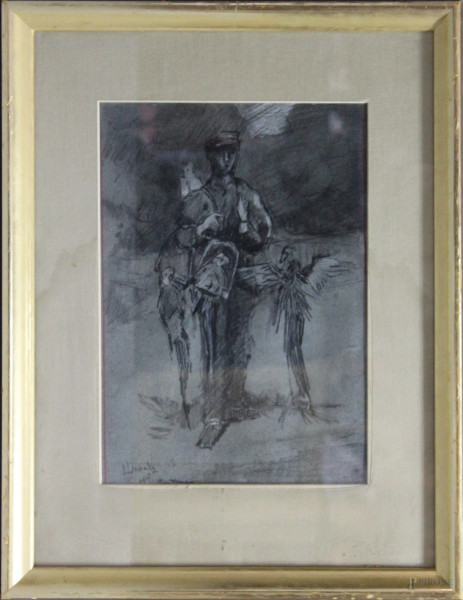 Viandante con pappagalli, tecnica mista su carta, 34x24 cm, entro cornice firmato