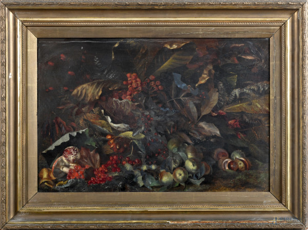 Natura morta, XX secolo, olio su tela, cm 40,5x61, firmato in basso a sinistra, entro cornice, (lievi abrasioni e segni di usura)
