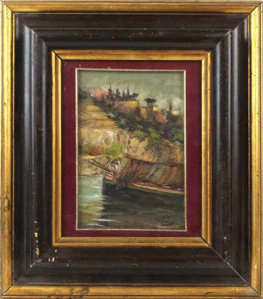 Paesaggio con imbarcazione e pescatore, olio su tela, cm 22x15, firmato, entro cornice.