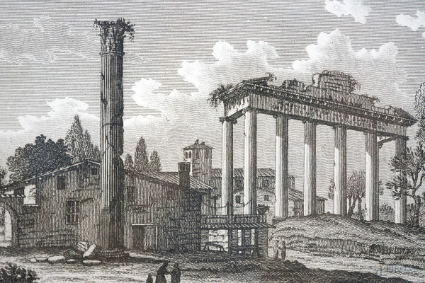 Lotto di tre stampe raffiguranti la Zecca di Santiago, il Tempio della Concordia e scorcio di Pra...