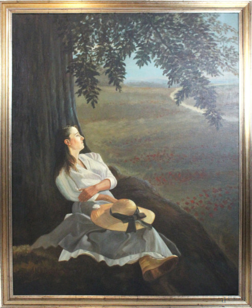 Donna sotto l&#39;albero, olio su tela, a firma Bruno Cocco, cm 130x103, entro cornice