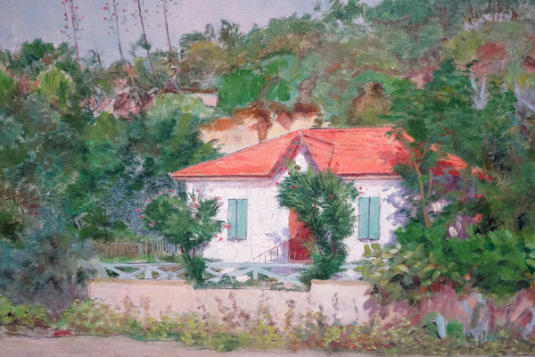 Paesaggio costiero con caseggiati, inizio sec. XX, olio su tela, cm 53x92, firmato "Sindies" in b...