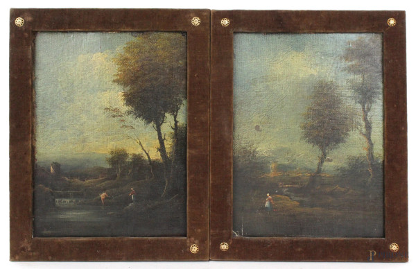 Coppia di paesaggi con figure, olio su tela applicata su tavola, cm 25,5x18, firmati, entro cornici