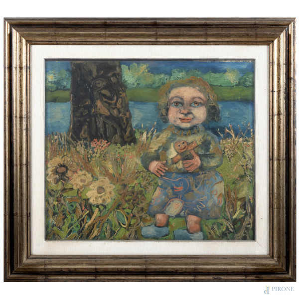 Bambina con bambola, olio su tela, cm 55x64, firmato in alto a destra, entro cornice