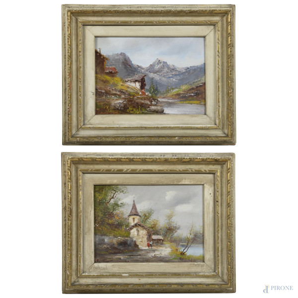 Coppia di paesaggi montani, XX secolo, olio su cartone telato, cm 25x35, firmati in basso a sinistra, entro cornice