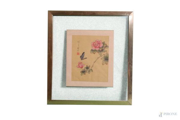 Rosa con farfalla, stampa a colori, cm 25x22, entro cornice.