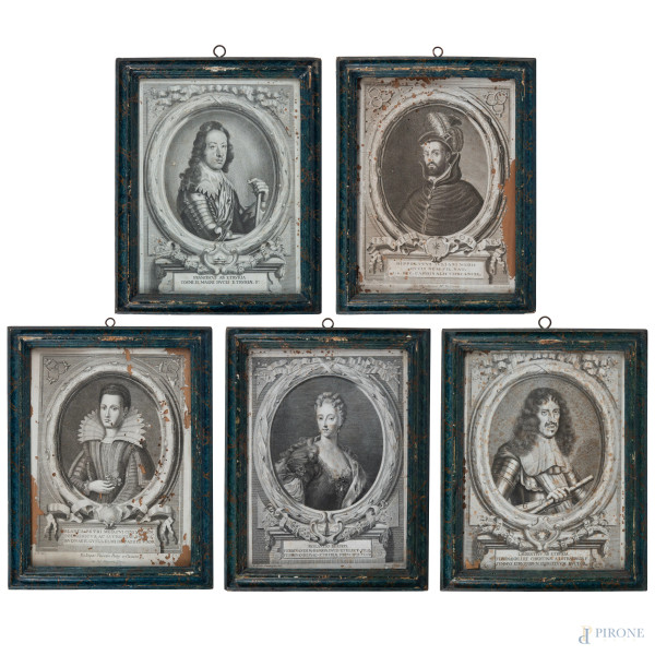 Lotto di cinque stampe con ritratti, XIX secolo, cm 37x27,5, entro cornice (gore, foxing, umidità, tarli, mancanze)