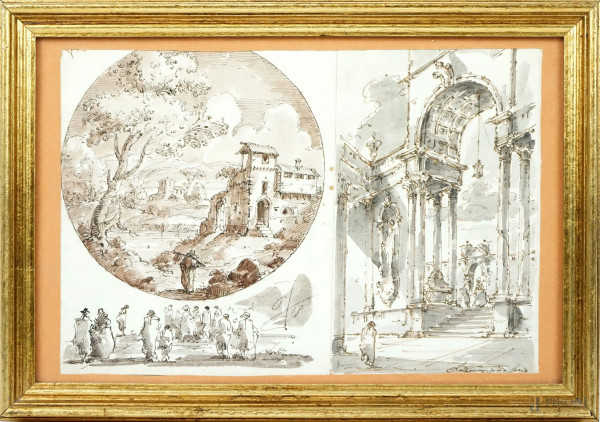 Paesaggio ed architetture con figure, china ed acquarello su carta, cm 17,5x26,5, firmato, entro cornice.