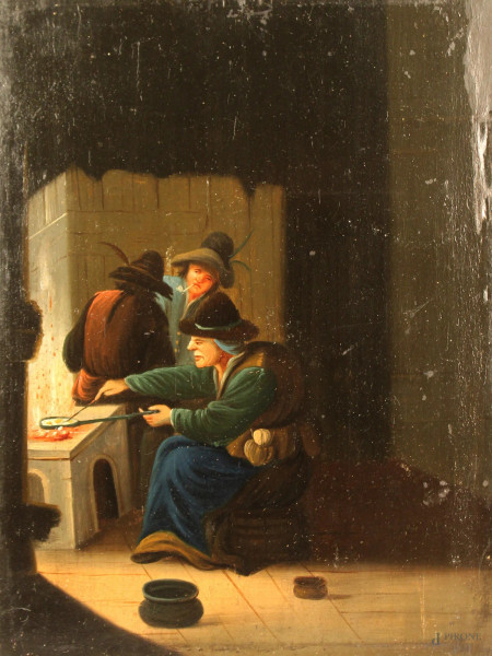Scuola olandese del XVIII secolo, Scena di interno, olio su tavola, cm. 25,5x19.