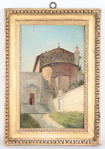 Veduta della Basilica di Santo Stefano Rotondo al Celio, XX secolo, olio su carta applicata su cartoncino, cm 34x22, entro cornice, (segni di usura, tracce di ondulazioni e piegatura del supporto, difetti, tracce di umidità)