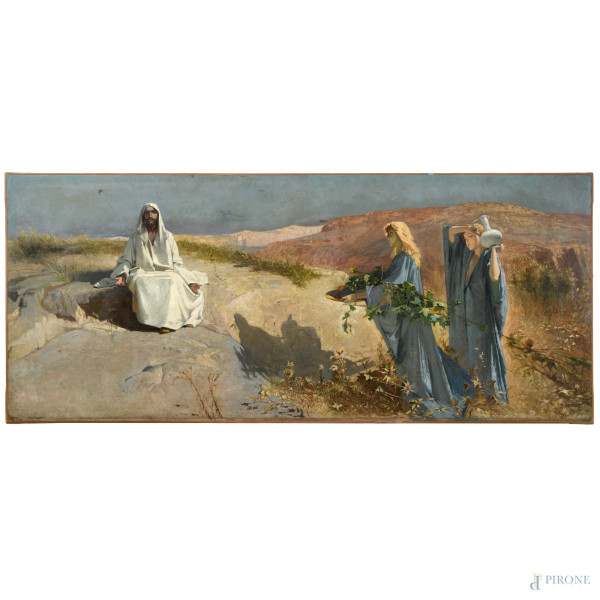 Copia da Domenico Morelli,  XX secolo, Cristo nel deserto, olio su tela, cm 72X170, firmato in basso, (cadute di colore, fessurazioni, difetti, lacerazioni)