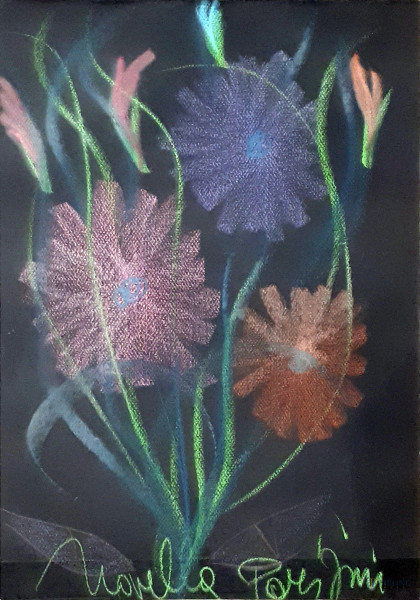 Novella Parigini (1921-1993), Composizione floreale, gessetti policromi su cartoncino nero, cm 70x50, firmato con cornice