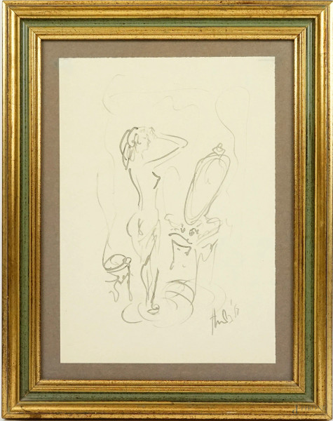 Giovanni Stradone - Donna allo specchio, china su carta, cm 28x20, entro cornice
