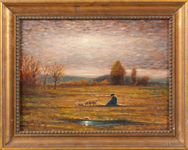 Sera d'autunno, XX secolo, olio su compensato, cm 30x40, firmato in basso a sinistra, entro cornice, (lievi segni di usura)