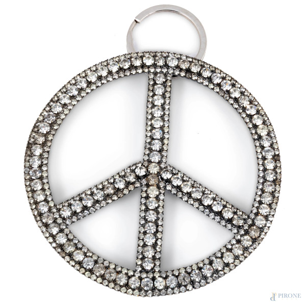 Portachiavi in metallo e zirconi a foggia di simbolo della pace, diametro cm 9, (segni di usura, difetti)