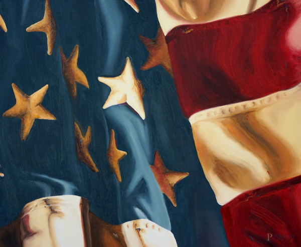 Bandiera americana, olio su tela, firmato in basso a destra Schmidt, cm 91x121