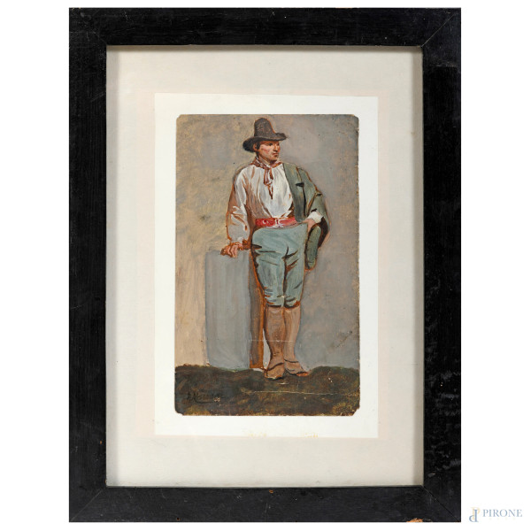 Pompeo Massani (1850-1920), Buttero, olio su carta, cm 22,5x14, firmato in basso a sinistra, entro cornice, (lievi segni del tempo)