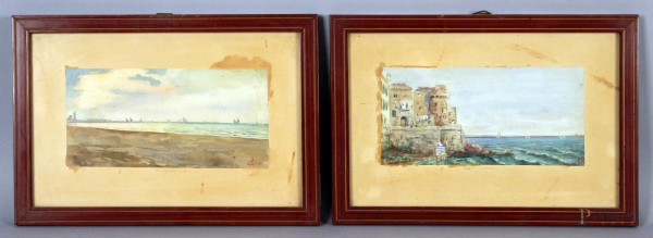 Coppia di acquarelli su carta raffiguranti Nettuno e Senigallia, cm. 11x23, firmati entro cornici.