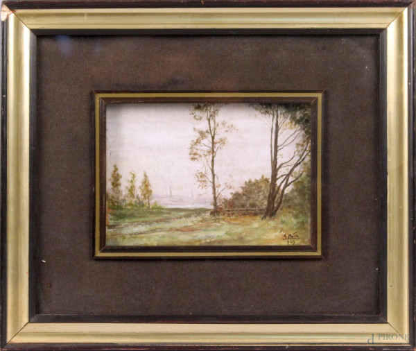 Paesaggio con alberi, olio su tavola 16x20,5 cm, entro cornice.