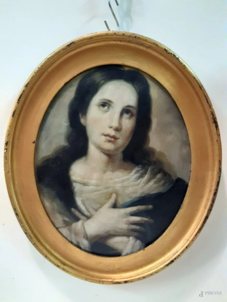 Ritratto della maddalena, dipinto ad olio su legno ad assetto ovale 33x26 cm in cornice dorata.