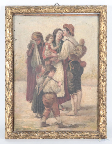 Famiglia di popolani, XIX secolo, olio su tela, cm 31x52, entro cornice, (segni di usura, abrasioni, ondulazioni della tela, difetti)