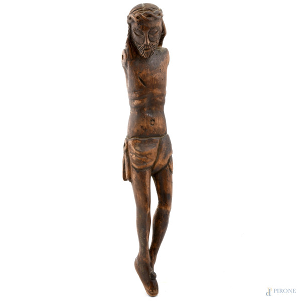 Cristo in legno scolpito, XIX-XX secolo, cm 46, (segni di usura, tracce dell'azione di insetti xilofagi)