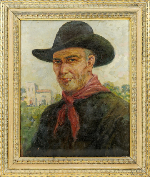 Ritratto di uomo con cappello e sigaretta, XX secolo, olio su tela, cm 50x40, firmato, entro cornice, (difetti)