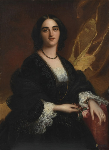 Ritratto di nobildonna con rosa, XIX secolo, olio su tela, cm 100x74, (craquelure, lievi abrasioni in prossimità dei margini)