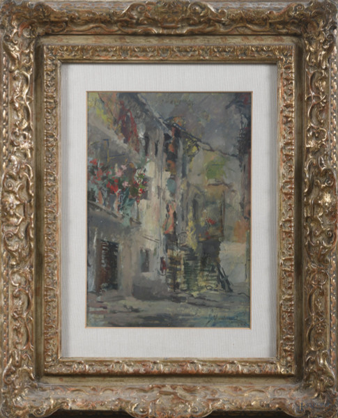 Luigi Mantovani (1880-1957), Vicolo, olio su cartone, cm  30x21, firmato e datato 