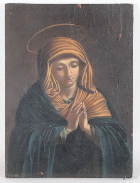 Madonna in preghiera, XVIII-XIX secolo, olio su carta applicata su tavoletta, cm 23,5x19, (segni di usura, ondulazioni e piccole lacune della carta, difetti)