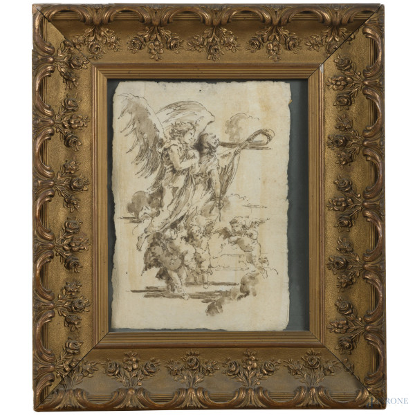 Angeli e putti, disegno a tecnica mista su carta, XVIII secolo, cm 27x20, (segni di usura, tracce di umidità, piccoli fori, lacerazioni ai margini)