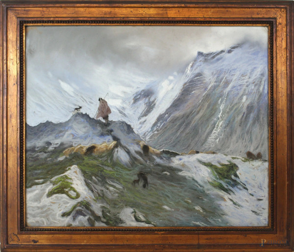 Paesaggio montano con pastore e cane, pastello su carta, cm 49x58, inizi XX secolo, entro cornice.