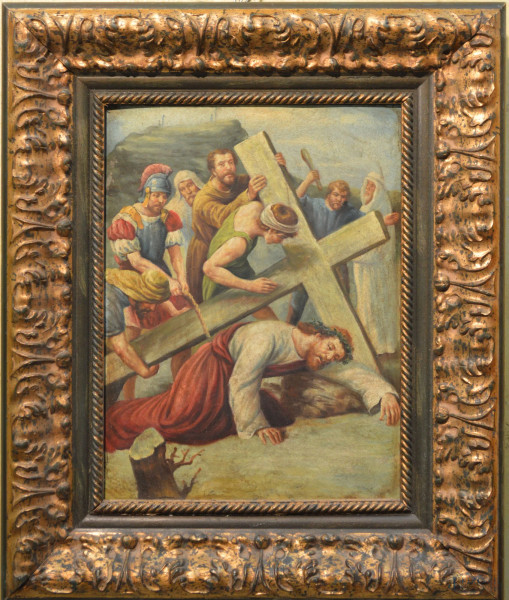 Via crucis,olio su tavola 29x39 cm, entro cornice.