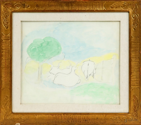 Giuseppe Cesetti - Paesaggio con mucche, tecnica mista su cartone, cm 45x70, entro cornice. In allegato autentica su fotografia