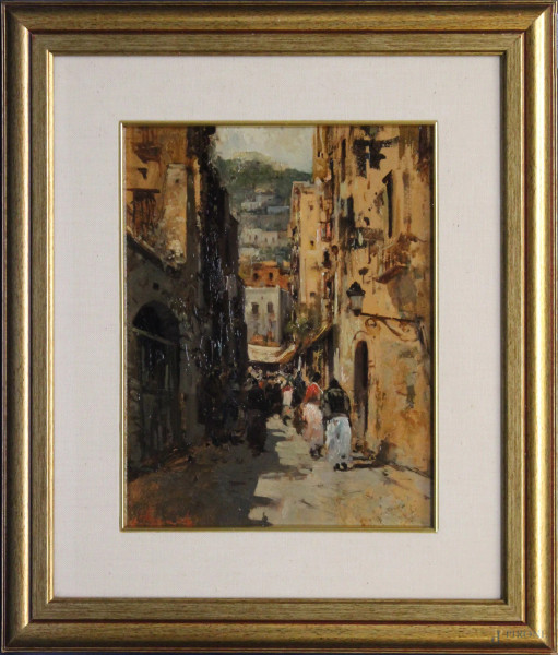 Vicolo di Napoli, olio su cartoncino firmato E. Briante, cm 28 x 22, entro cornice.